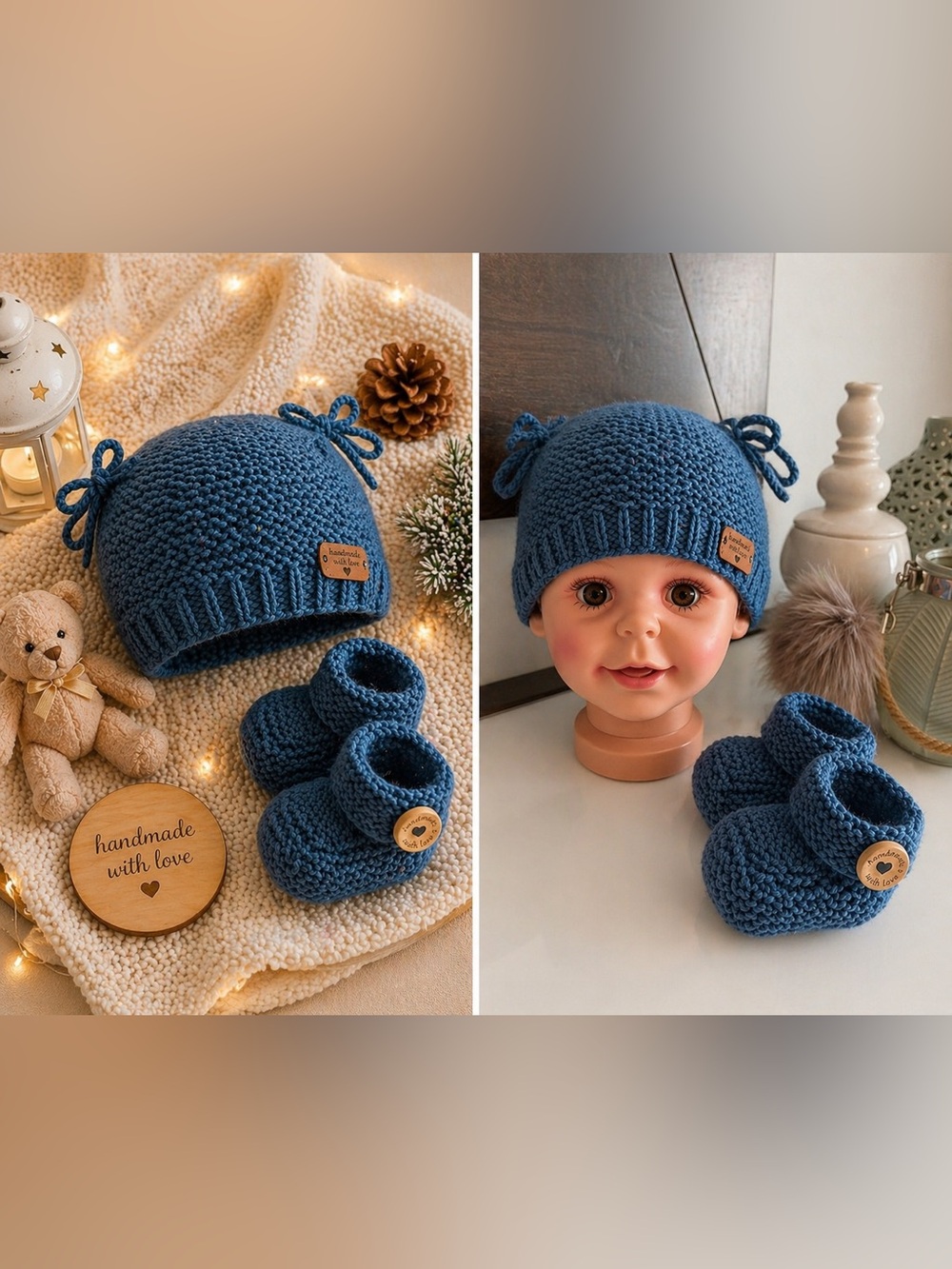 Handknit Blue Baby Beanie with Tie Details and booties set